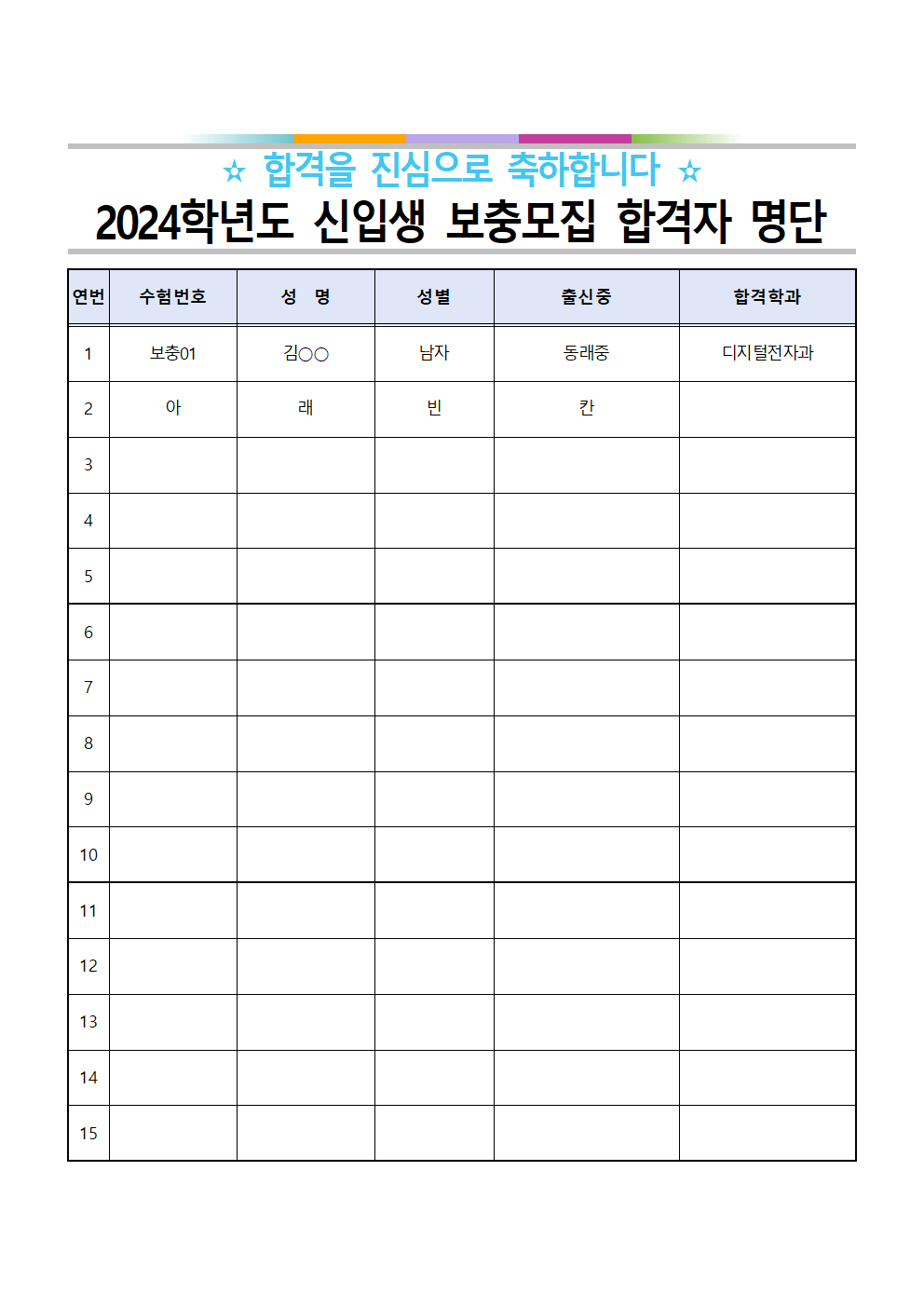 2024학년도 신입생 보충모집(1차) 합격자 명단(탑재용)001