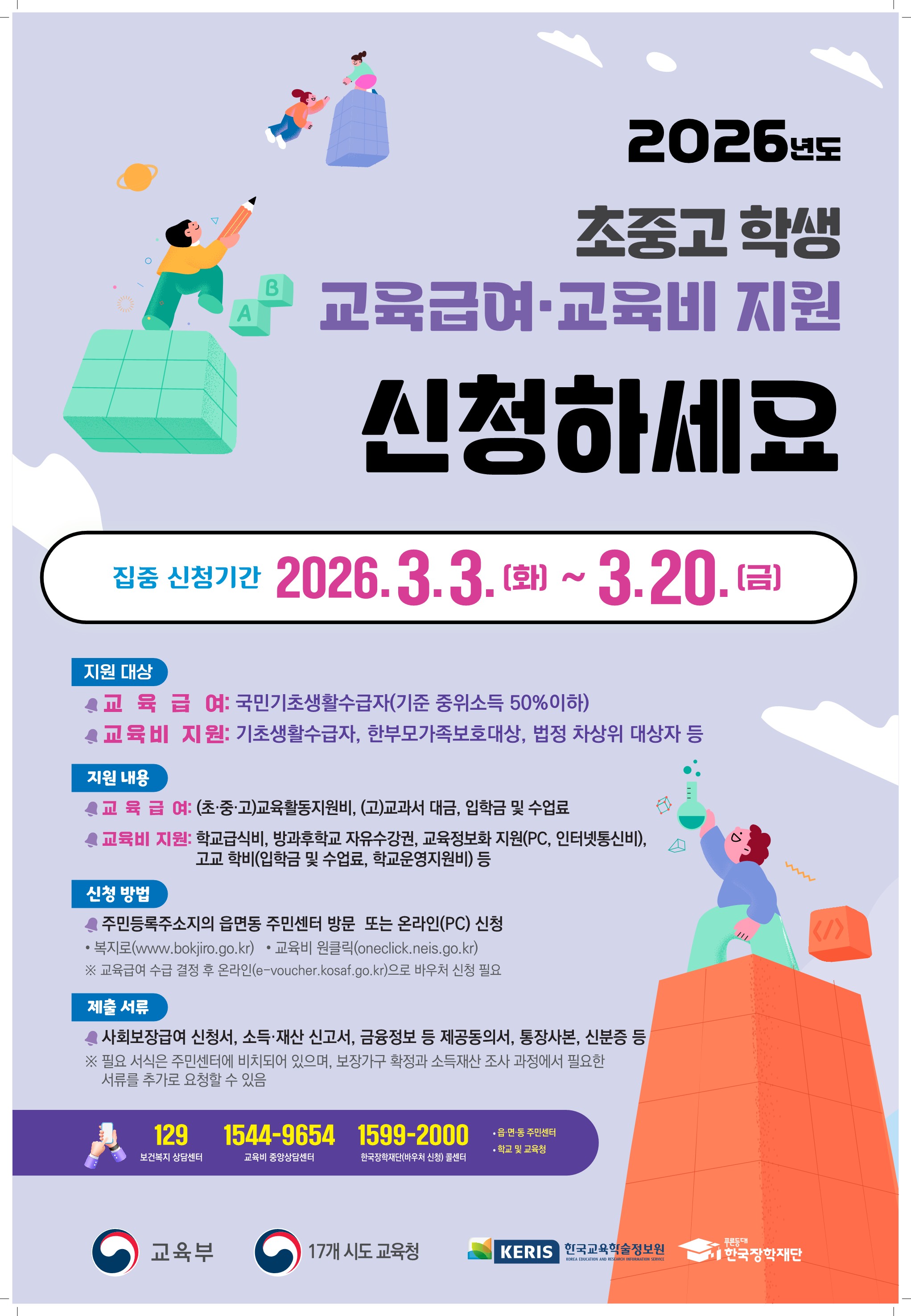 2026년도초중고 학생▲ 교육급여·교육비 지원 신청하세요집중 신청기간 2026.3.3. [화] ~ 3.20.(금)지원 대상▲교육급여: 국민기초생활수급자(기준 중위소득 50%이하)▲교육비 지원: 기초생활수급자, 한부모가족보호대상, 법정 차상위 대상자 등지원 내용교육급여: (초·중·고)교육활동지원비, (고)교과서 대금, 입학금 및 수업료교육비 지원: 학교급식비, 방과후학교 자유수강권, 교육정보화 지원(PC, 인터넷통신비),고교 학비(입학금 및 수업료, 학교운영지원비) 등신청 방법주민등록주소지의 읍면동 주민센터 방문 또는 온라인(PC) 신청• 복지로(www.bokjiro.go.kr) ㆍ교육비 원클릭(oneclick.neis.go.kr)※ 교육급여 수급 결정 후 온라인(e-voucher.kosaf.go.kr)으로 바우처 신청 필요제출 서류사회보장급여 신청서, 소득·재산 신고서, 금융정보 등 제공동의서, 통장사본, 신분증 등※ 필요 서식은 주민센터에 비치되어 있으며, 보장가구 확정과 소득재산 조사 과정에서 필요한서류를 추가로 요청할 수 있음129 1544-9654 1599-2000·읍·면·동 주민센터• 학교 및 교육청보건복지 상담센터교육비 중앙상담센터한국장학재단(바우처 신청)