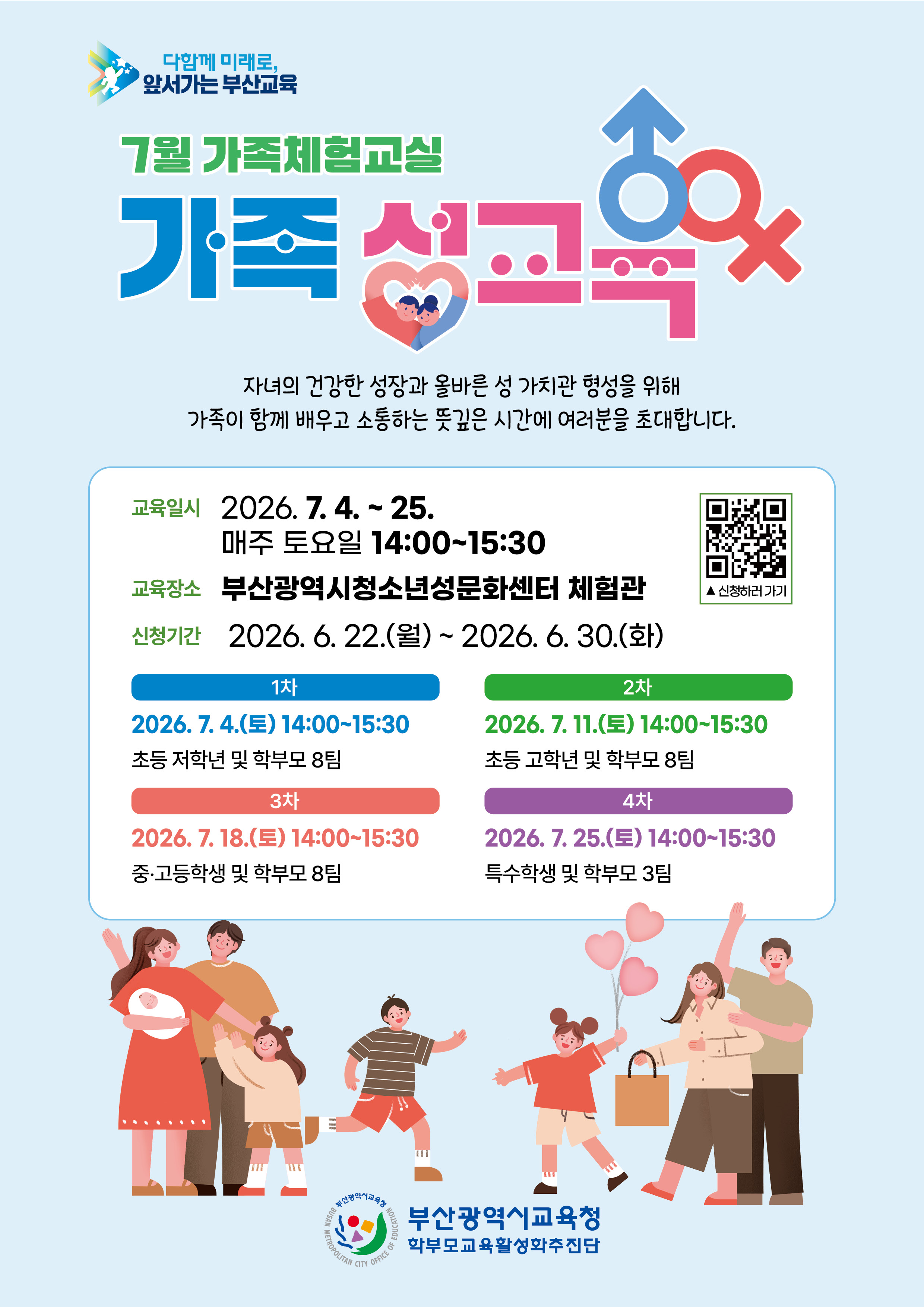 다함께 미래로,앞서가는 부산교육7월 가족체험교실가족 성교육자녀의 건강한 성장과 올바른 성 가치관 형성을 위해가족이 함께 배우고 소통하는 뜻깊은 시간에 여러분을 초대합니다.교육일시 2026. 7. 4. ~ 25.매주 토요일 14:0015:30교육장소 부산광역시청소년성문화센터 체험관신청기간 2026. 6. 22.(월) ~ 2026. 6. 30.(화)1차2차신청하러 가기2026. 7. 4.(토) 14:0015:30초등 저학년 및 학부모 8팀3차2026.7.18.(토) 14:0015:30중·고등학생 및 학부모 8팀2026. 7. 11.(토) 14:0015:30초등 고학년 및 학부모 8팀4차2026.7.25.(토) 14:00~15:30특수학생 및 학부모 3팀부산광역시교육청