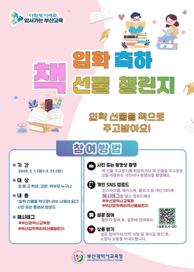 다함께 미래로 앞서가는 부산교육입학 축하책 선물 챌린지입학 선물을 책으로 주고받아요참여방법기간2026 3 1 월 3 31 화대상초중고 학생 교원 학부모 누구나내용입학 선물을 책으로 라는 내용이 담긴 사진 또는 동영상 업로드해시태그부산광역시교육청부산입학축하책선물챌린지사진 또는 동영상 촬영책 선물 주고받기를 희망하거나 책 선물을 주고받은 것을 자랑하는 사진이나 동영상을 촬영해요개인 SNS 업로드인스타그램 페이스북 블로그 등 개인 SNS에 해시태그를 달고 업로드해요부산광역시교육청부산입학축하책선물챌린지설문 참여챌린지 참여 후 설문에 참여해요상품 받기설문 참여자의 인적 사항 및 게시물 확인 후 소정의 상품을 보내드립니다설문조사 QR부산광역시교육청Busan Metropolitan City Office of Education