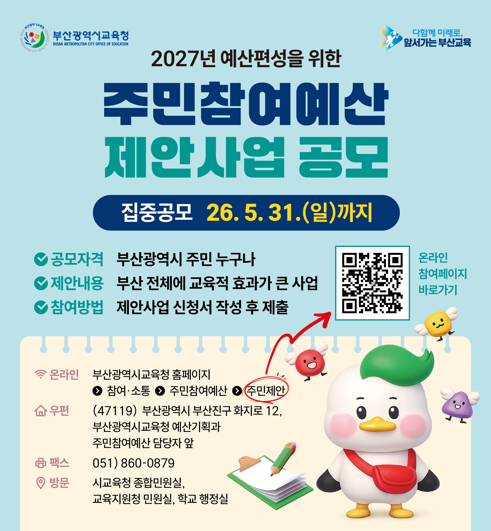 부산광역시교육청2027년 예산편성을 위한주민참여예산제안사업 공모집중공모 26. 5. 31.(일)까지● 공모자격 부산광역시 주민 누구나● 제안내용 부산 전체에 교육적 효과가 큰 사업● 참여방법 제안사업 신청서 작성 후 제출온라인참여페이지바로가기● 온라인 부산광역시 교육청 홈페이지● 우편참여·소통 주민참여예산 주민제안(47119) 부산광역시 부산진구 화지로 12,부산광역시 교육청 예산기획과주민참여예산 담당자 앞● 팩스 051) 860-0879● 방문 시교육청 종합민원실,교육지원청 민원실, 학교 행정실다함께 미래로,- 앞서가는 부산교육